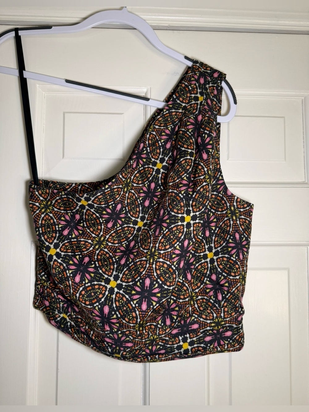 Anthropologie Linen Print One-Shoulder Crop Top - Picture 2 of 4